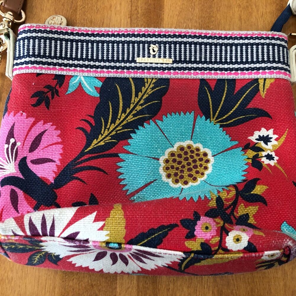 Spartina 449 Red Floral Crossbody Bag with Blue and Pink Accents - Picture 2 of 12